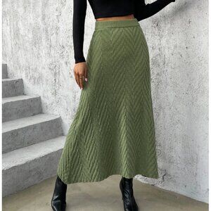 💚 Olive Green Knit Midi Skirt | Textured A-Line Sweater Skirt | Size M